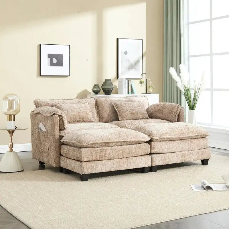 Canapé en chenille avec 2 poufs