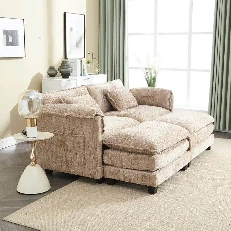 Canapé en chenille avec 2 poufs
