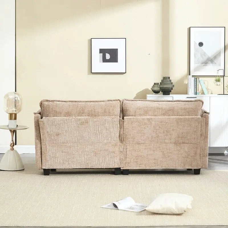 Canapé en chenille avec 2 poufs