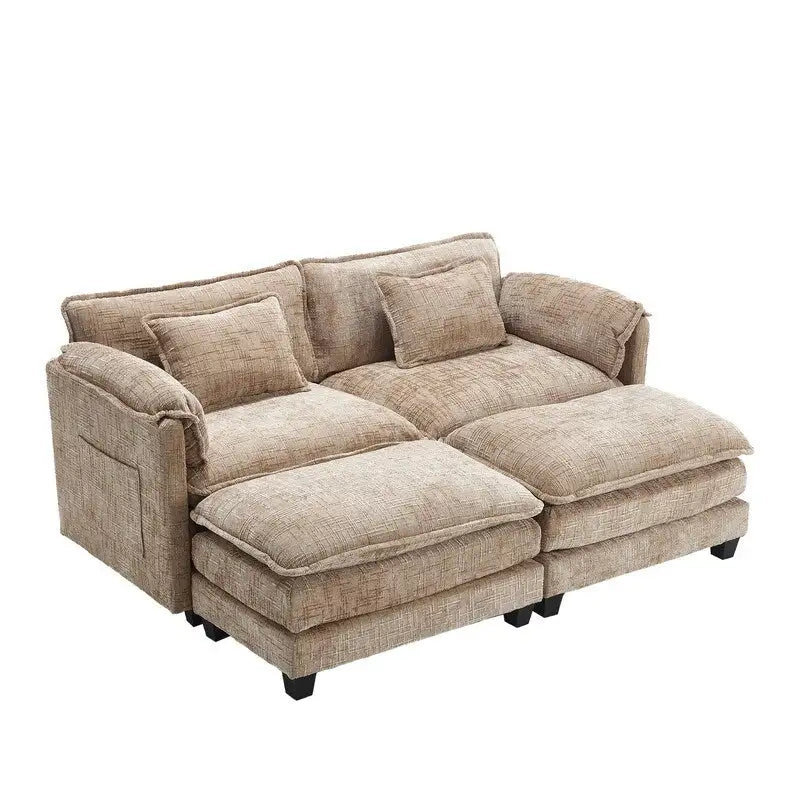 Canapé en chenille avec 2 poufs