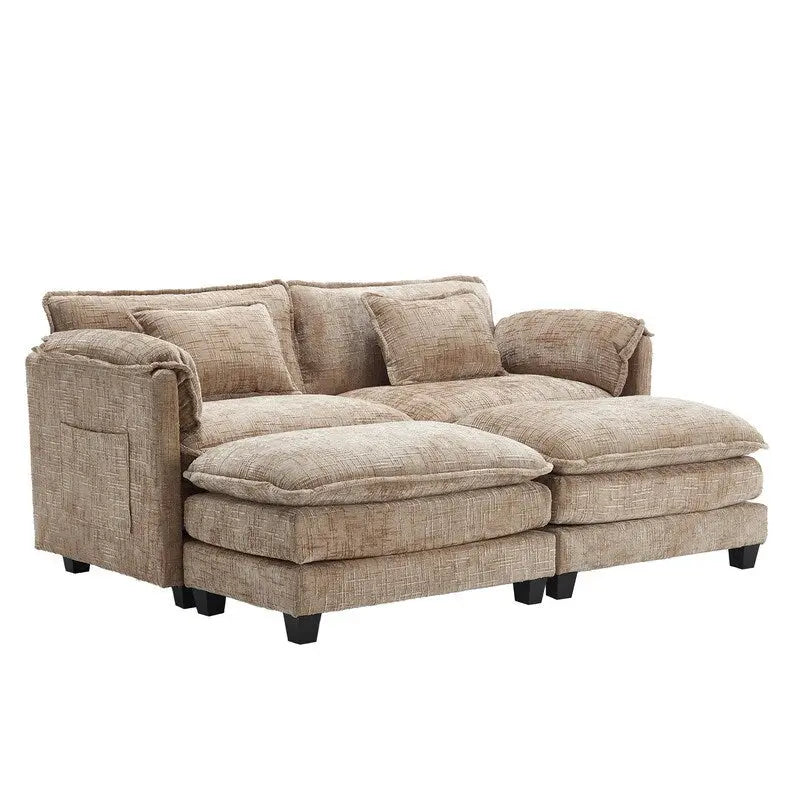 Canapé en chenille avec 2 poufs