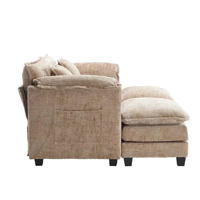 Canapé en chenille avec 2 poufs
