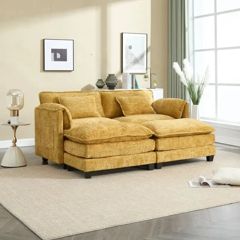 Canapé en chenille avec 2 poufs