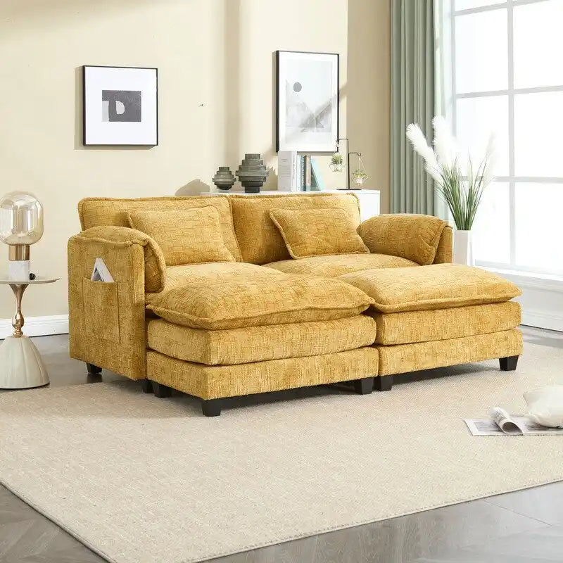 Canapé en chenille avec 2 poufs