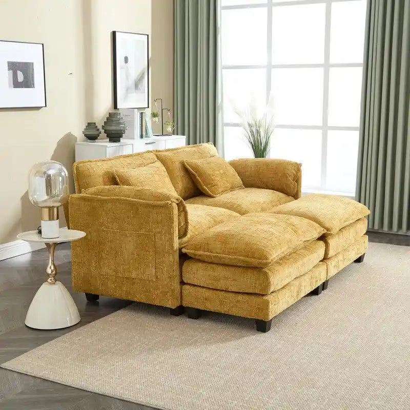 Canapé en chenille avec 2 poufs