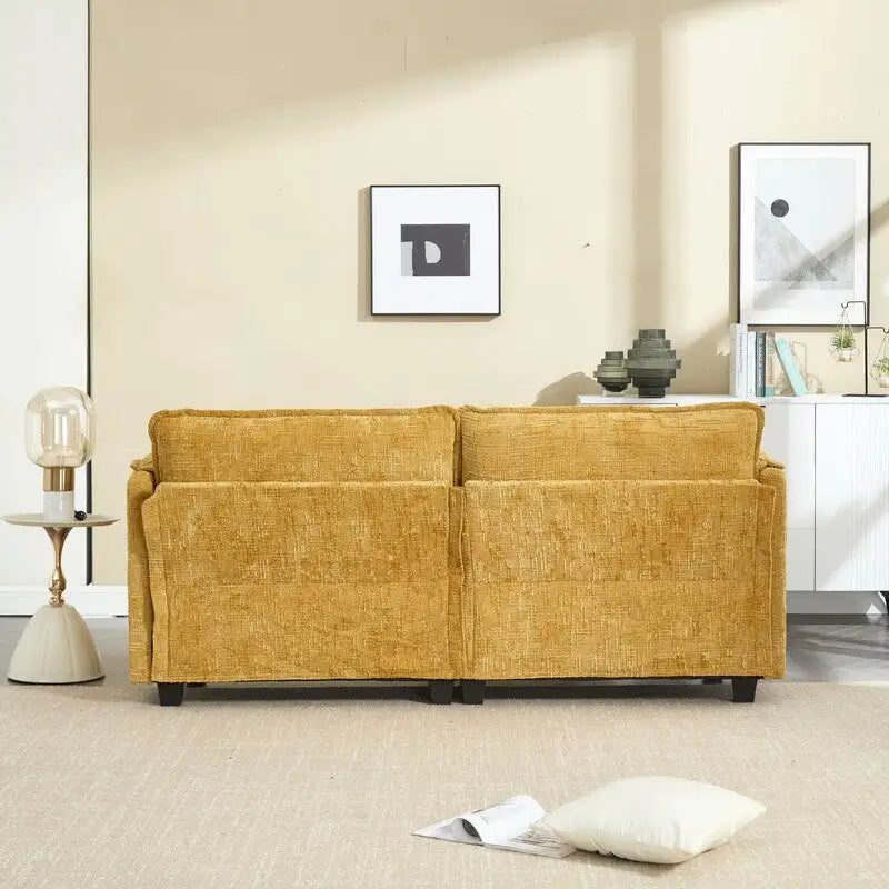 Canapé en chenille avec 2 poufs