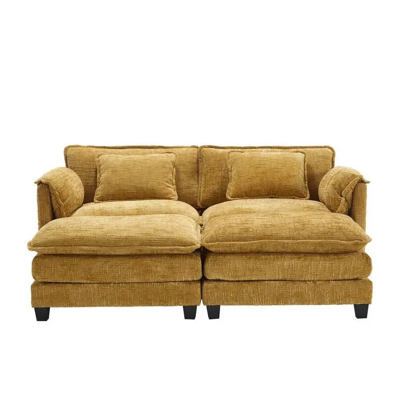Canapé en chenille avec 2 poufs