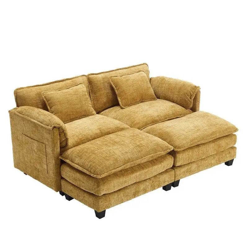 Canapé en chenille avec 2 poufs