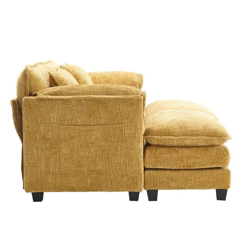 Canapé en chenille avec 2 poufs