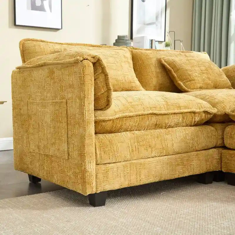 Canapé en chenille avec 2 poufs