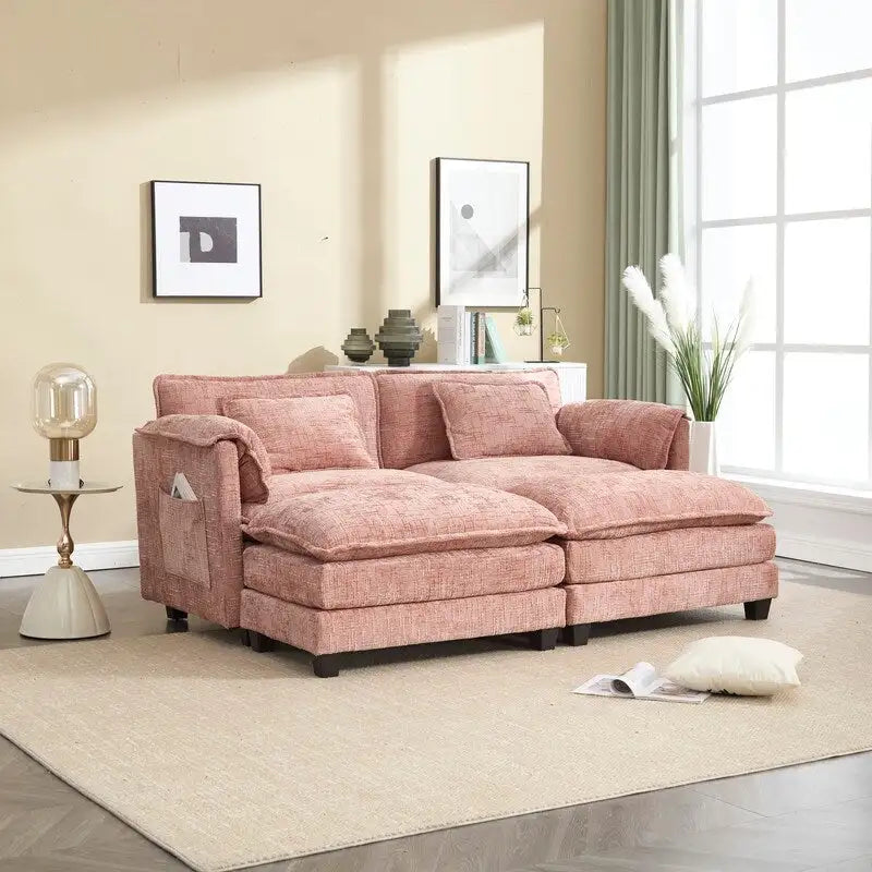 Canapé en chenille avec 2 poufs