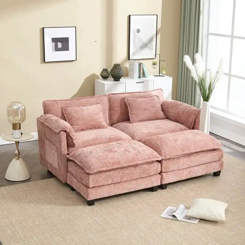 Canapé en chenille avec 2 poufs