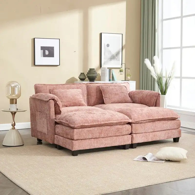 Canapé en chenille avec 2 poufs