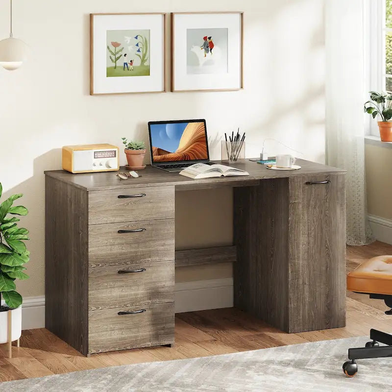 Bureau de télétravail de 53 pouces avec ports USB, prises et tiroirs de rangement
