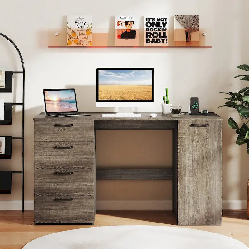 Bureau de télétravail de 53 pouces avec ports USB, prises et tiroirs de rangement