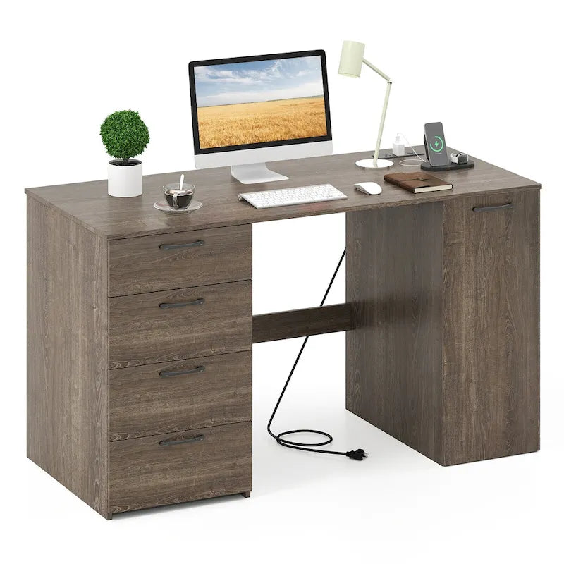 Bureau de télétravail de 53 pouces avec ports USB, prises et tiroirs de rangement