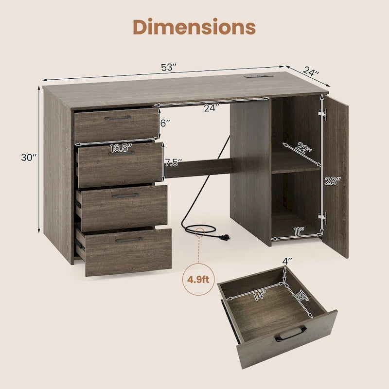 Bureau de télétravail de 53 pouces avec ports USB, prises et tiroirs de rangement