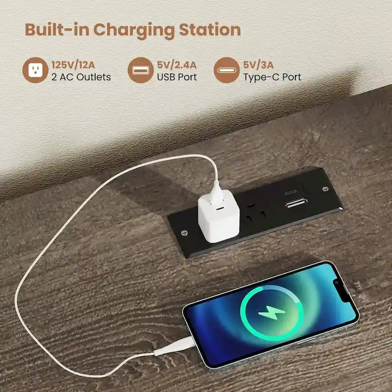 Bureau de télétravail de 53 pouces avec ports USB, prises et tiroirs de rangement