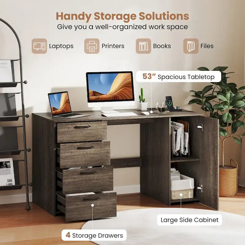 Bureau de télétravail de 53 pouces avec ports USB, prises et tiroirs de rangement