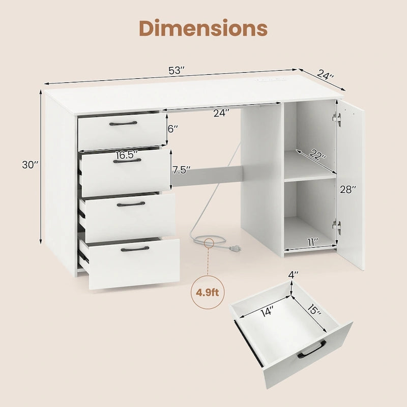 Bureau de télétravail de 53 pouces avec ports USB, prises et tiroirs de rangement