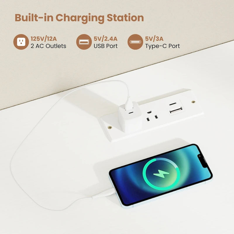 Bureau de télétravail de 53 pouces avec ports USB, prises et tiroirs de rangement