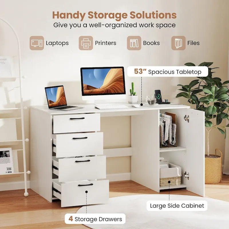 Bureau de télétravail de 53 pouces avec ports USB, prises et tiroirs de rangement