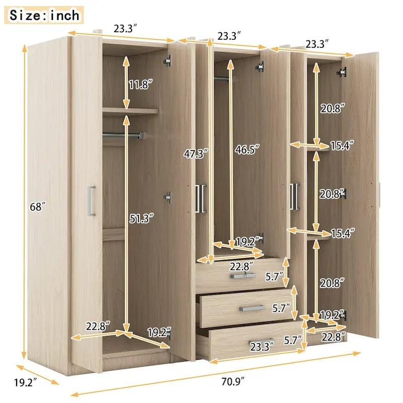 Armoire 6 portes en bois avec 3 tiroirs