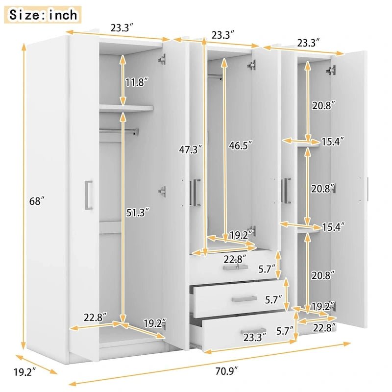 Armoire 6 portes en bois avec 3 tiroirs