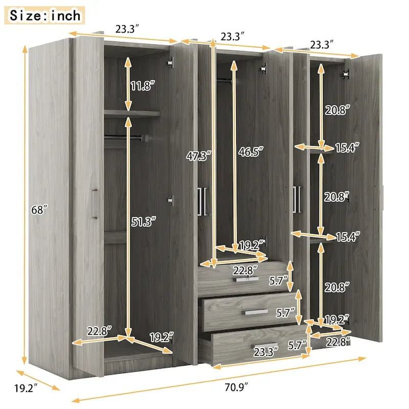 Armoire 6 portes en bois avec 3 tiroirs