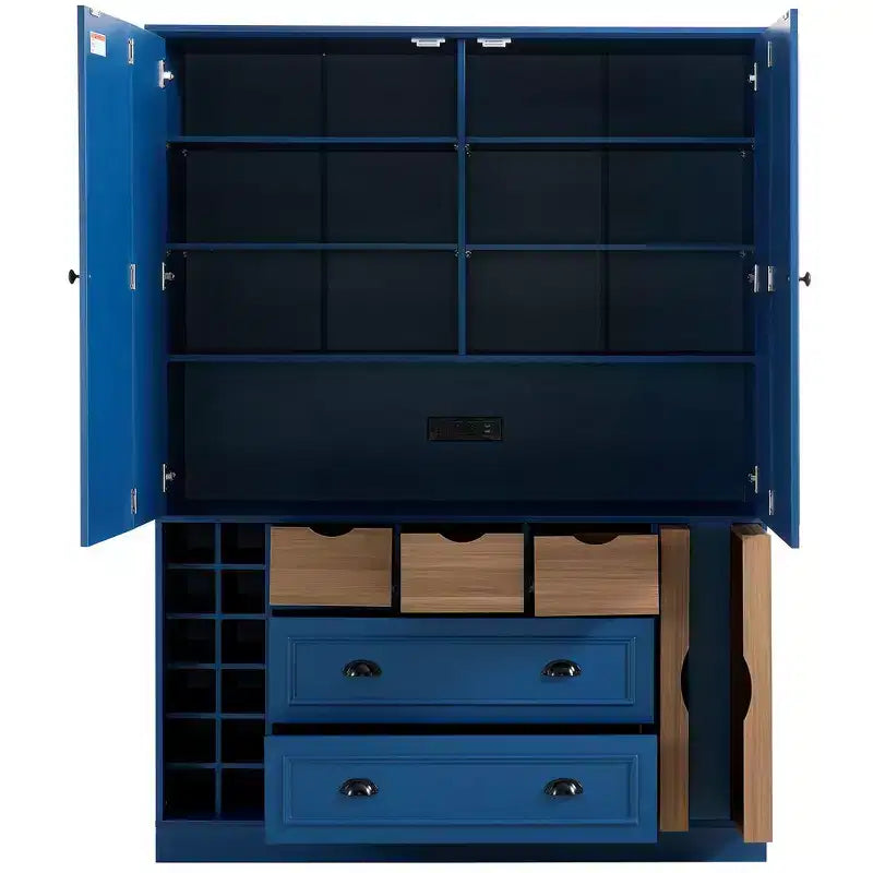 Armoire de cuisine autoportante haute Whisen 71, grand buffet de rangement pour salle à manger avec 4 portes pliantes, étagères et casiers à vin