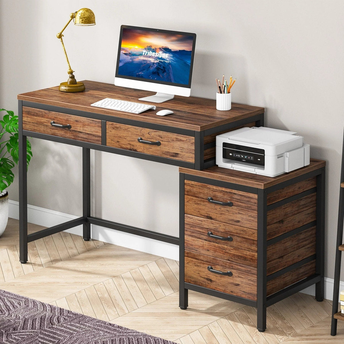 Bureau d'ordinateur réversible avec 5 tiroirs, bureau de travail à domicile avec caisson de rangement pour dossiers et support pour imprimante