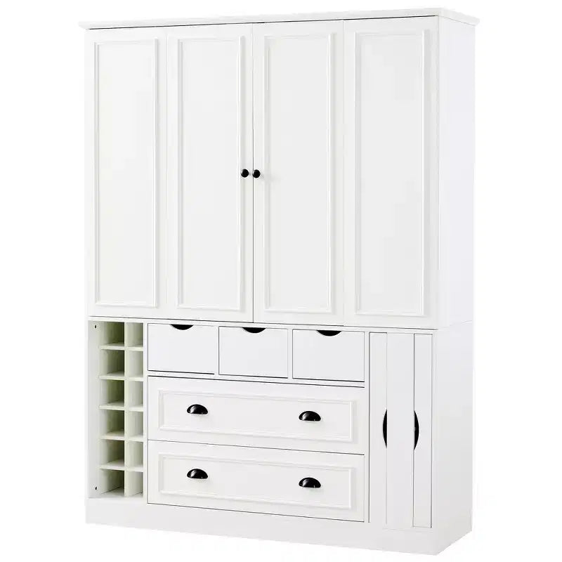 Armoire de cuisine autoportante haute Whisen 71, grand buffet de rangement pour salle à manger avec 4 portes pliantes, étagères et casiers à vin