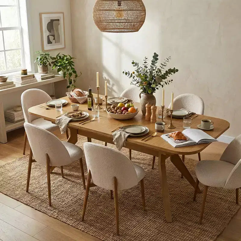 78-96 Table de salle à manger extensible moderne pour 6/8 personnes, ensemble de salle à manger Japandi avec chaises rembourrées beiges, piètement en tréteaux en V-Panipeachy