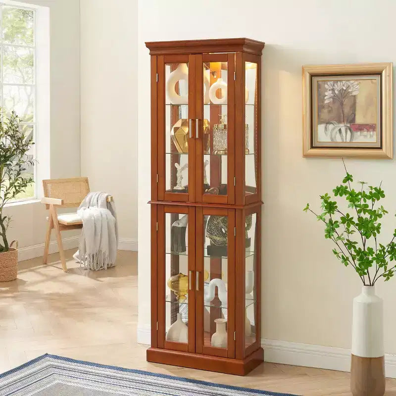 Vitrine, meuble vitrine avec 6 étagères réglables et portes en verre trempé, meuble haut pour salon, chambre à coucher