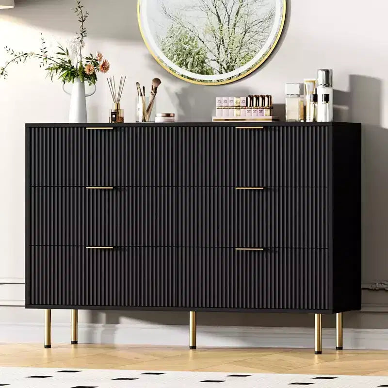 Commode 6 tiroirs COZONY avec design cannelé, Armoire de rangement moderne en bois, Grande commode pour chambre, salon, entrée