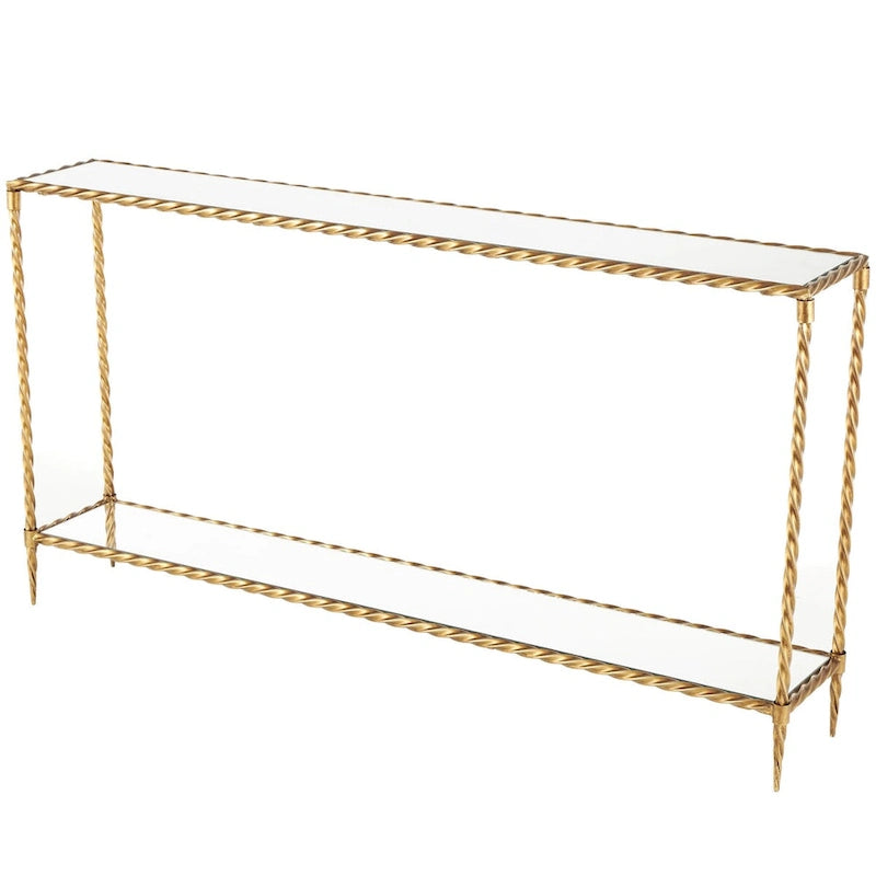 Console de table à 1 étagère, inspirée d'une corde torsadée en métal, avec plateau et étagère en verre miroir - Doré - Roche River Decor
