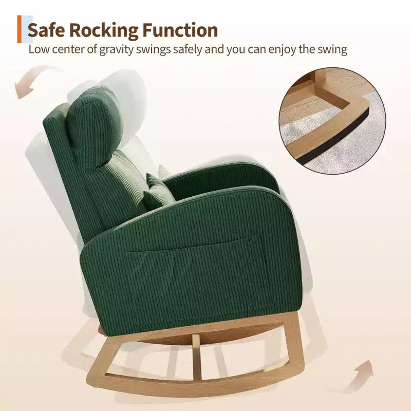 Fauteuil à bascule moderne avec oreiller et poches latérales, pour salon, chambre à coucher