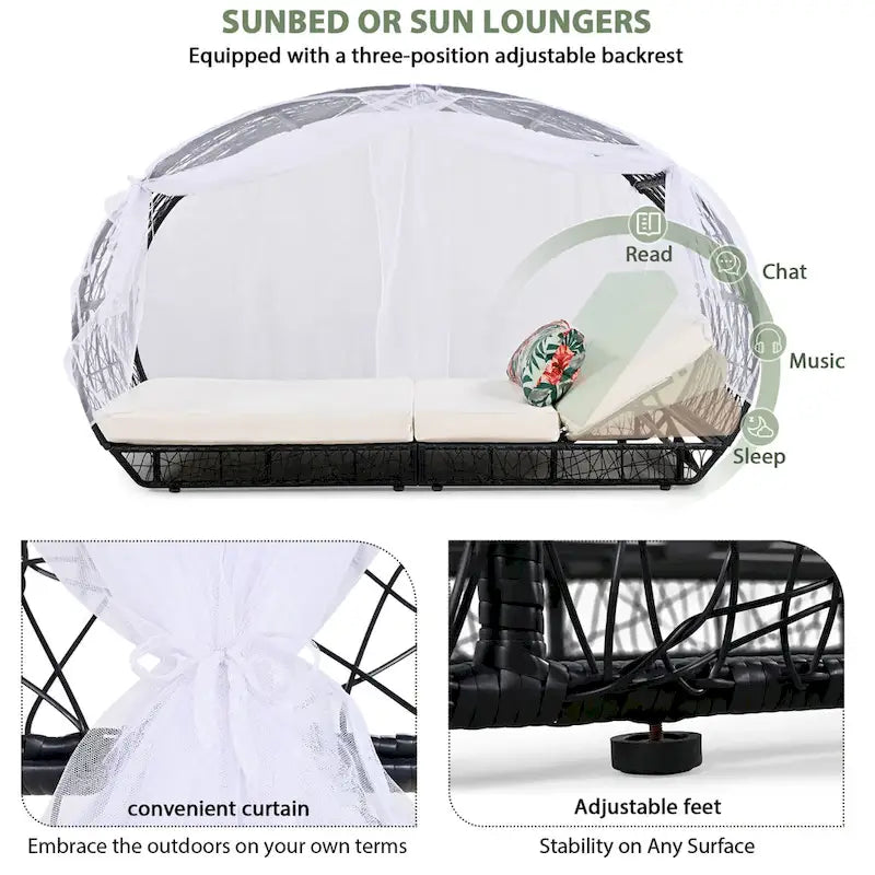 Oaks Aura Outdoor, bain de soleil avec coussin, rideau et coussin coloré, fauteuils lounge en résine tressée, transats réglables pour le jardin