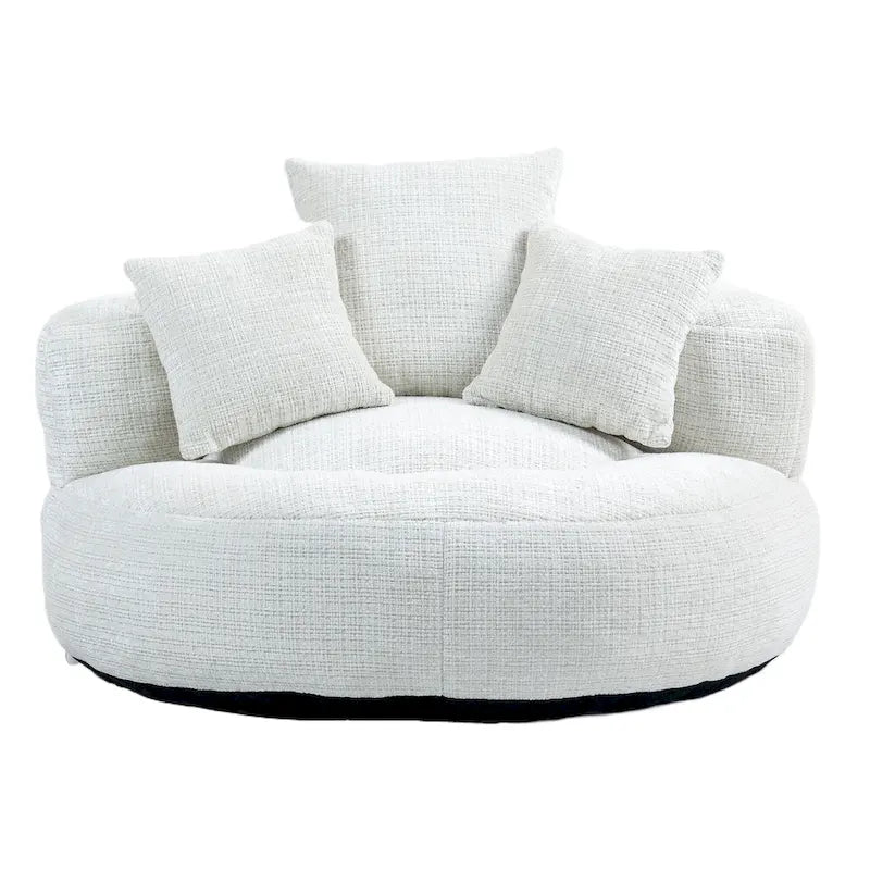 Fauteuil d'appoint rond surdimensionné avec haut dossier enveloppant, revêtement en chenille et 3 coussins
