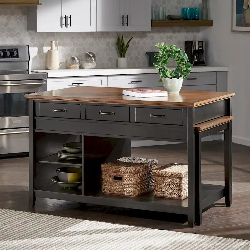 Îlot de cuisine extensible Eleanor bicolore avec finition antique et 3 tiroirs par iNSPIRE Q Classic