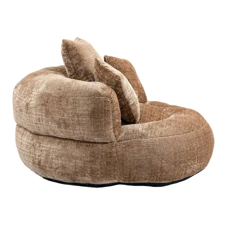 Fauteuil d'appoint rond surdimensionné avec haut dossier enveloppant, revêtement en chenille et 3 coussins