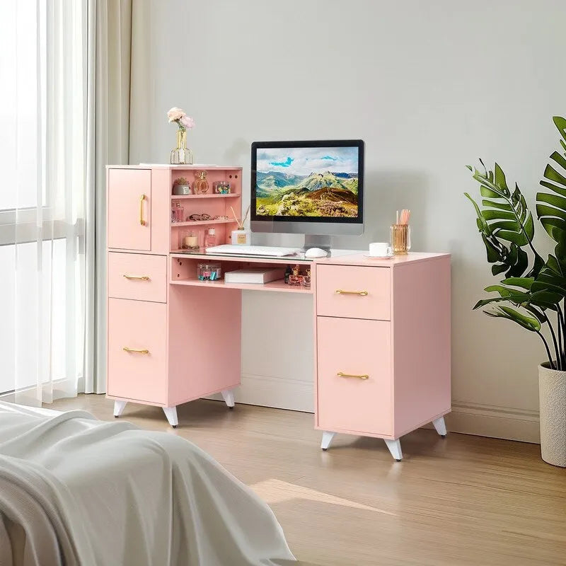 Bureau informatique de 140 cm avec étagères, tiroirs et armoire