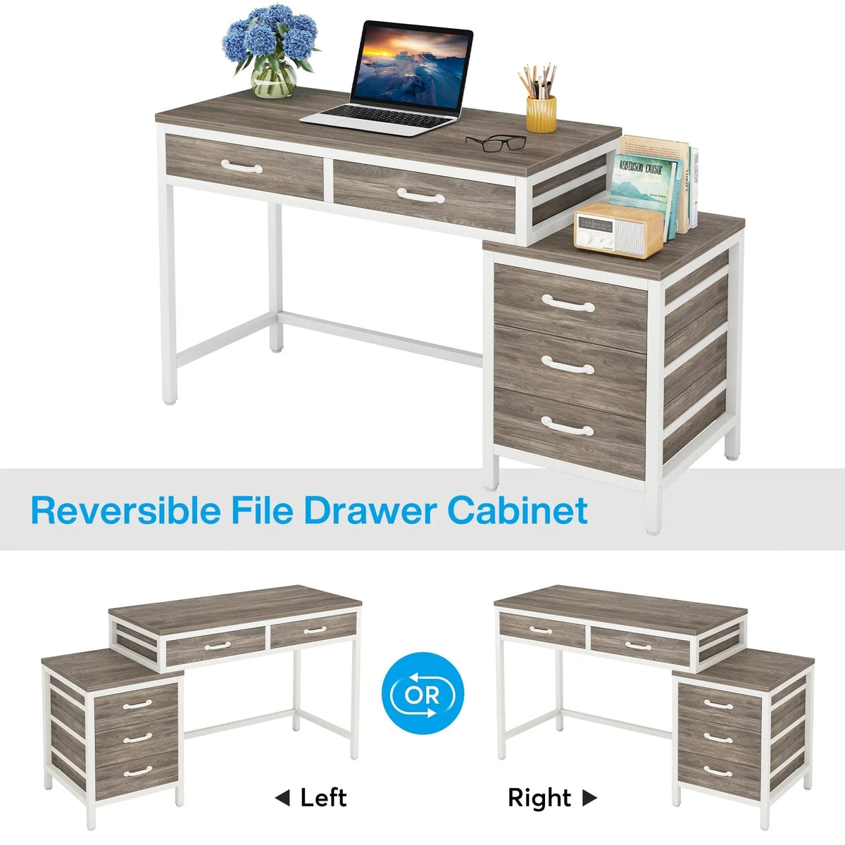 Bureau d'ordinateur réversible avec 5 tiroirs, bureau de travail à domicile avec caisson de rangement pour dossiers et support pour imprimante