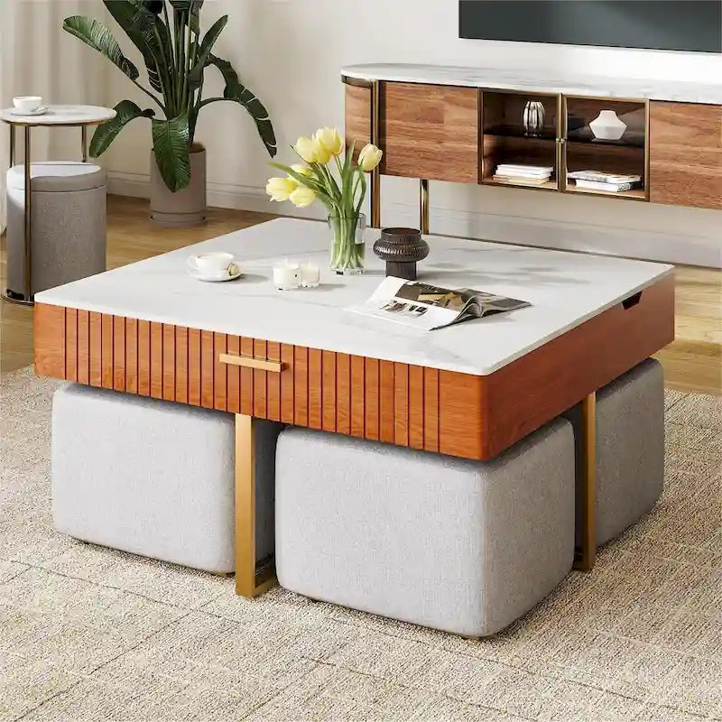 Table basse relevable avec rangement dissimulé et 4 poufs