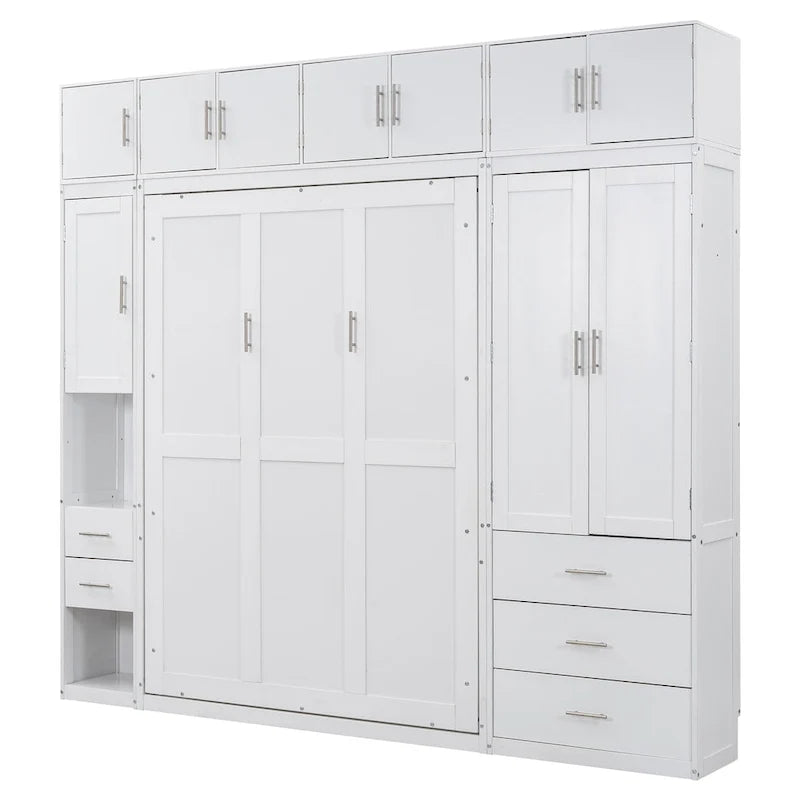 Lit escamotable moderne blanc pleine grandeur avec tiroirs, casiers et armoires
