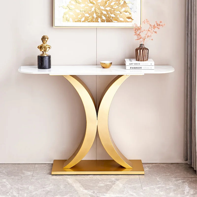 Console moderne, design aux formes raffinées, structure en métal avec patins réglables pour l’entrée