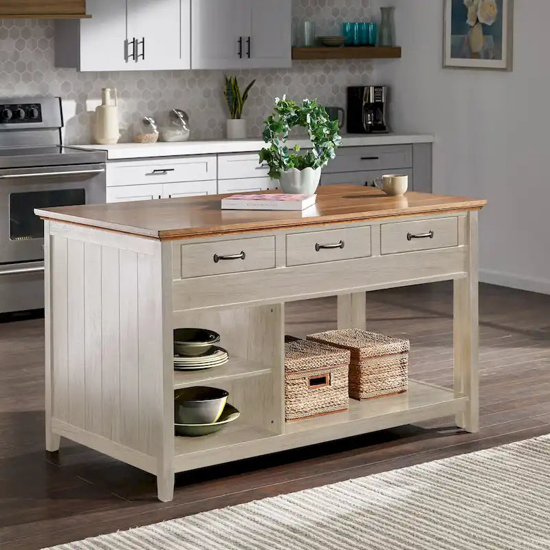 Îlot de cuisine extensible Eleanor bicolore avec finition antique et 3 tiroirs par iNSPIRE Q Classic