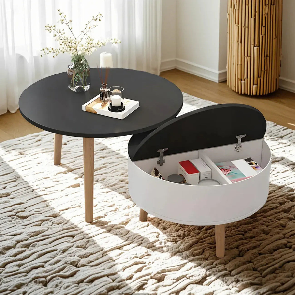 Table basse ronde moderne en bois noir et blanc avec rangement