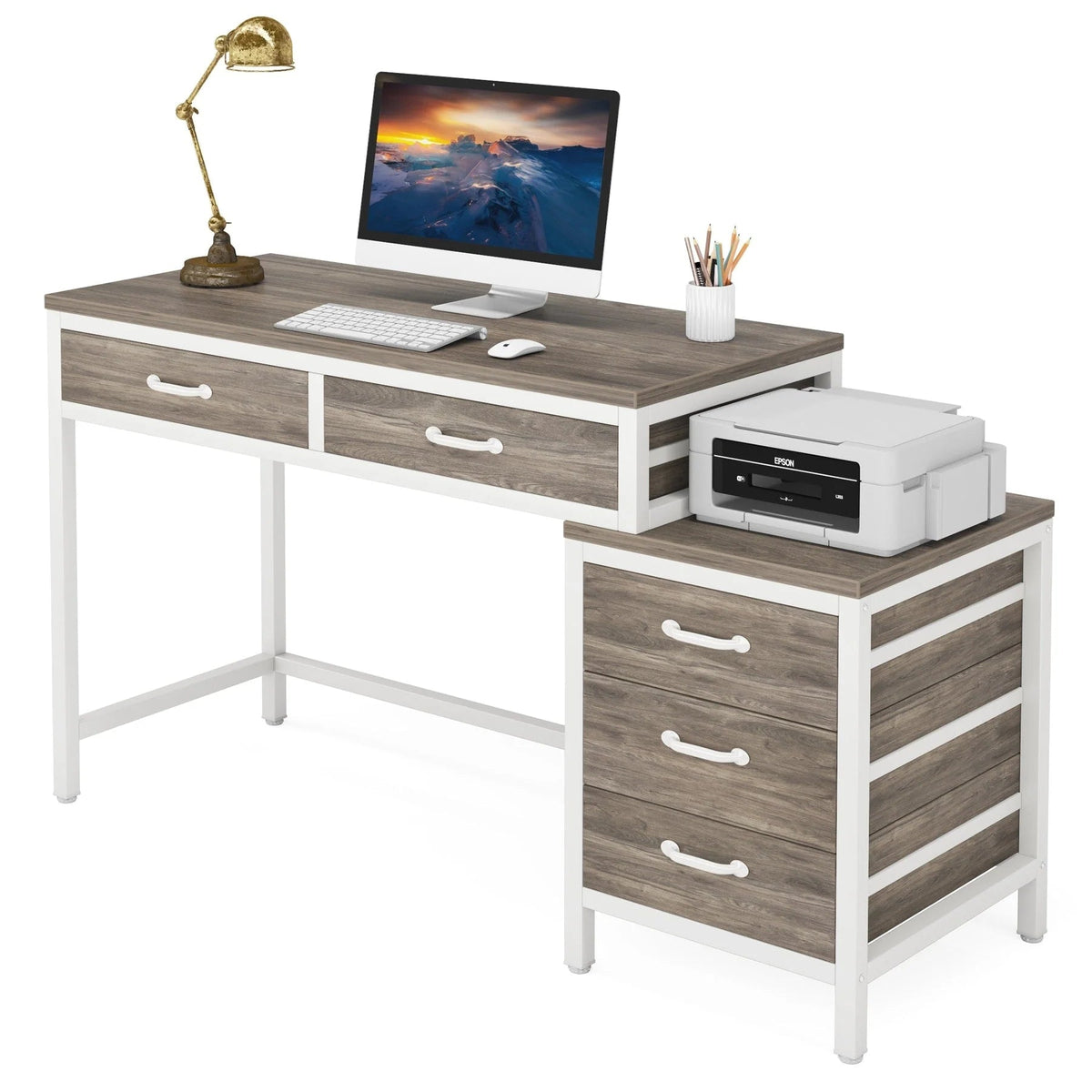 Bureau d'ordinateur réversible avec 5 tiroirs, bureau de travail à domicile avec caisson de rangement pour dossiers et support pour imprimante
