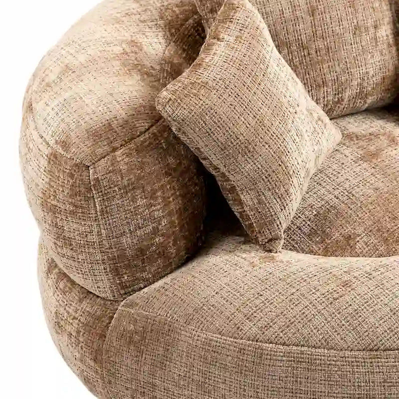 Fauteuil d'appoint rond surdimensionné avec haut dossier enveloppant, revêtement en chenille et 3 coussins